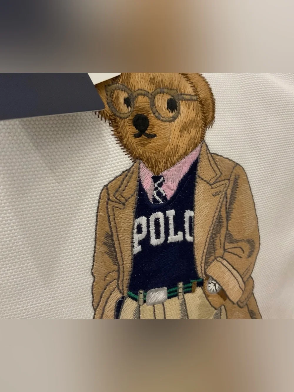 Polo Ralph Lauren White COLLEGIATE BEAR Canvas Embroidered SHOPPER Tote Bag